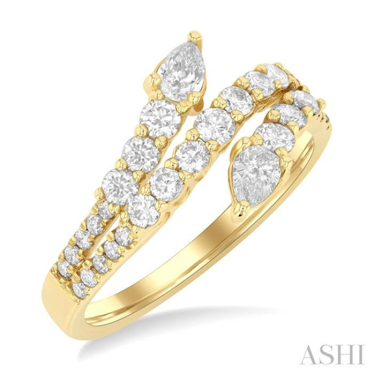 1 Ctw Split Three-Arm Bypass Pear and Round Cut Diamond Fashion Band in 14K Yellow Gold 1 Ctw Split Three-Arm Bypass Pear and Round Cut Diamond Fashion Band in 14K Yellow Gold