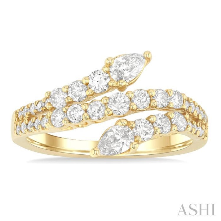 1 Ctw Split Three-Arm Bypass Pear and Round Cut Diamond Fashion Band in 14K Yellow Gold 1 Ctw Split Three-Arm Bypass Pear and Round Cut Diamond Fashion Band in 14K Yellow Gold