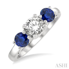 4.65 MM Round Shape Sapphire and 3/4 Ctw Past, Present and Future Round Cut Diamond Precious Ring in 14K White Gold 4.65 MM Round Shape Sapphire and 3/4 Ctw Past, Present and Future Round Cut Diamond Precious Ring in 14K White Gold
