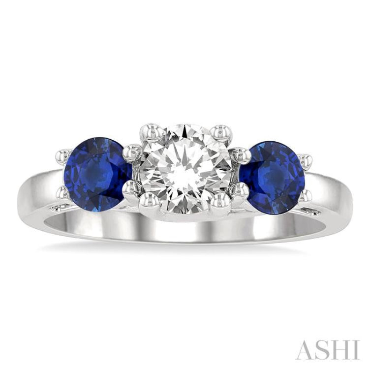 4.65 MM Round Shape Sapphire and 3/4 Ctw Past, Present and Future Round Cut Diamond Precious Ring in 14K White Gold 4.65 MM Round Shape Sapphire and 3/4 Ctw Past, Present and Future Round Cut Diamond Precious Ring in 14K White Gold