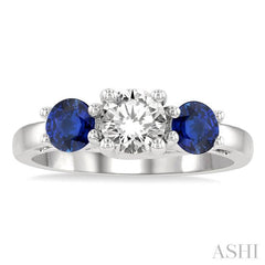 4.65 MM Round Shape Sapphire and 3/4 Ctw Past, Present and Future Round Cut Diamond Precious Ring in 14K White Gold 4.65 MM Round Shape Sapphire and 3/4 Ctw Past, Present and Future Round Cut Diamond Precious Ring in 14K White Gold