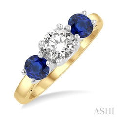 4.65 MM Round Shape Sapphire and 3/4 Ctw Past, Present and Future Round Cut Diamond Precious Ring in 14K Yellow and White Gold 4.65 MM Round Shape Sapphire and 3/4 Ctw Past, Present and Future Round Cut Diamond Precious Ring in 14K Yellow and White Gold