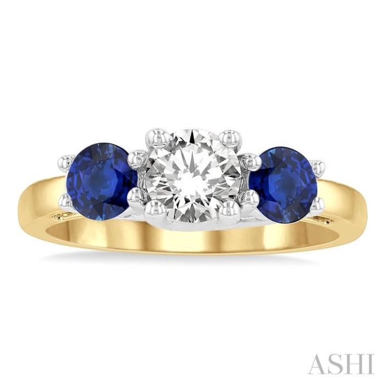 4.65 MM Round Shape Sapphire and 3/4 Ctw Past, Present and Future Round Cut Diamond Precious Ring in 14K Yellow and White Gold 4.65 MM Round Shape Sapphire and 3/4 Ctw Past, Present and Future Round Cut Diamond Precious Ring in 14K Yellow and White Gold