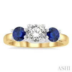 4.65 MM Round Shape Sapphire and 3/4 Ctw Past, Present and Future Round Cut Diamond Precious Ring in 14K Yellow and White Gold 4.65 MM Round Shape Sapphire and 3/4 Ctw Past, Present and Future Round Cut Diamond Precious Ring in 14K Yellow and White Gold