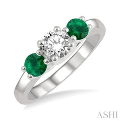 3.90 MM Round Shape Emerald and 1/2 Ctw Past, Present and Future Round Cut Diamond Precious Ring in 14K White Gold 3.90 MM Round Shape Emerald and 1/2 Ctw Past, Present and Future Round Cut Diamond Precious Ring in 14K White Gold