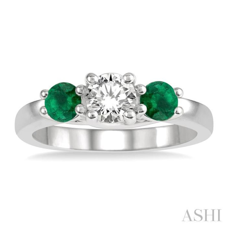 3.90 MM Round Shape Emerald and 1/2 Ctw Past, Present and Future Round Cut Diamond Precious Ring in 14K White Gold 3.90 MM Round Shape Emerald and 1/2 Ctw Past, Present and Future Round Cut Diamond Precious Ring in 14K White Gold