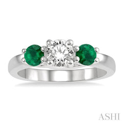 3.90 MM Round Shape Emerald and 1/2 Ctw Past, Present and Future Round Cut Diamond Precious Ring in 14K White Gold 3.90 MM Round Shape Emerald and 1/2 Ctw Past, Present and Future Round Cut Diamond Precious Ring in 14K White Gold
