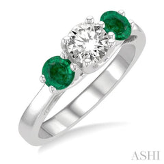 4.30 MM Round Shape Emerald and 5/8 Ctw Past, Present and Future Round Cut Diamond Precious Ring in 14K White Gold 4.30 MM Round Shape Emerald and 5/8 Ctw Past, Present and Future Round Cut Diamond Precious Ring in 14K White Gold
