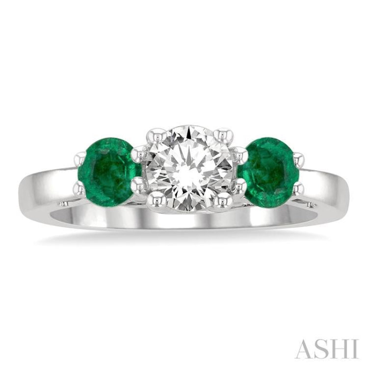 4.30 MM Round Shape Emerald and 5/8 Ctw Past, Present and Future Round Cut Diamond Precious Ring in 14K White Gold 4.30 MM Round Shape Emerald and 5/8 Ctw Past, Present and Future Round Cut Diamond Precious Ring in 14K White Gold