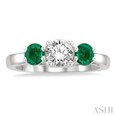 4.30 MM Round Shape Emerald and 5/8 Ctw Past, Present and Future Round Cut Diamond Precious Ring in 14K White Gold 4.30 MM Round Shape Emerald and 5/8 Ctw Past, Present and Future Round Cut Diamond Precious Ring in 14K White Gold