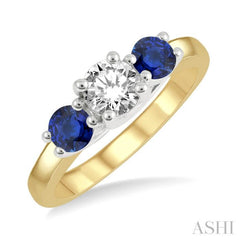 3.90 MM Round Shape Sapphire and 1/2 Ctw Past, Present and Future Round Cut Diamond Precious Ring in 14K Yellow and White Gold 3.90 MM Round Shape Sapphire and 1/2 Ctw Past, Present and Future Round Cut Diamond Precious Ring in 14K Yellow and White Gold