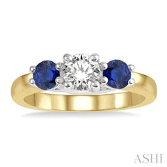 3.90 MM Round Shape Sapphire and 1/2 Ctw Past, Present and Future Round Cut Diamond Precious Ring in 14K Yellow and White Gold 3.90 MM Round Shape Sapphire and 1/2 Ctw Past, Present and Future Round Cut Diamond Precious Ring in 14K Yellow and White Gold