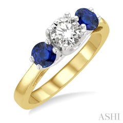4.30 MM Round Shape Sapphire and 5/8 Ctw Past, Present and Future Round Cut Diamond Precious Ring in 14K Yellow and White Gold 4.30 MM Round Shape Sapphire and 5/8 Ctw Past, Present and Future Round Cut Diamond Precious Ring in 14K Yellow and White Gold