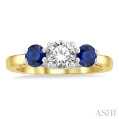 4.30 MM Round Shape Sapphire and 5/8 Ctw Past, Present and Future Round Cut Diamond Precious Ring in 14K Yellow and White Gold 4.30 MM Round Shape Sapphire and 5/8 Ctw Past, Present and Future Round Cut Diamond Precious Ring in 14K Yellow and White Gold