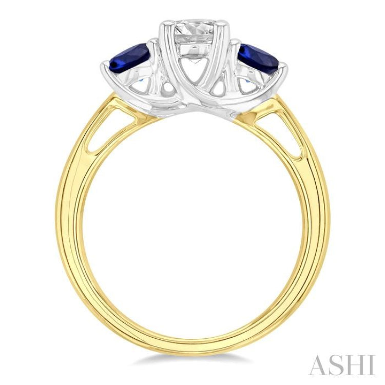 4.30 MM Round Shape Sapphire and 5/8 Ctw Past, Present and Future Round Cut Diamond Precious Ring in 14K Yellow and White Gold 4.30 MM Round Shape Sapphire and 5/8 Ctw Past, Present and Future Round Cut Diamond Precious Ring in 14K Yellow and White Gold