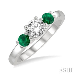 3.50 MM Round Shape Emerald and 3/8 Ctw Past, Present and Future Round Cut Diamond Precious Ring in 14K White Gold 3.50 MM Round Shape Emerald and 3/8 Ctw Past, Present and Future Round Cut Diamond Precious Ring in 14K White Gold