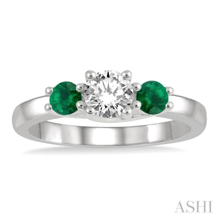 3.50 MM Round Shape Emerald and 3/8 Ctw Past, Present and Future Round Cut Diamond Precious Ring in 14K White Gold 3.50 MM Round Shape Emerald and 3/8 Ctw Past, Present and Future Round Cut Diamond Precious Ring in 14K White Gold