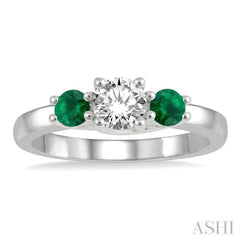 3.50 MM Round Shape Emerald and 3/8 Ctw Past, Present and Future Round Cut Diamond Precious Ring in 14K White Gold 3.50 MM Round Shape Emerald and 3/8 Ctw Past, Present and Future Round Cut Diamond Precious Ring in 14K White Gold