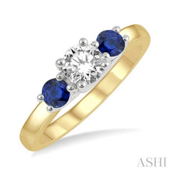 3.50 MM Round Shape Sapphire and 3/8 Ctw Past, Present and Future Round Cut Diamond Precious Ring in 14K Yellow and White Gold 3.50 MM Round Shape Sapphire and 3/8 Ctw Past, Present and Future Round Cut Diamond Precious Ring in 14K Yellow and White Gold
