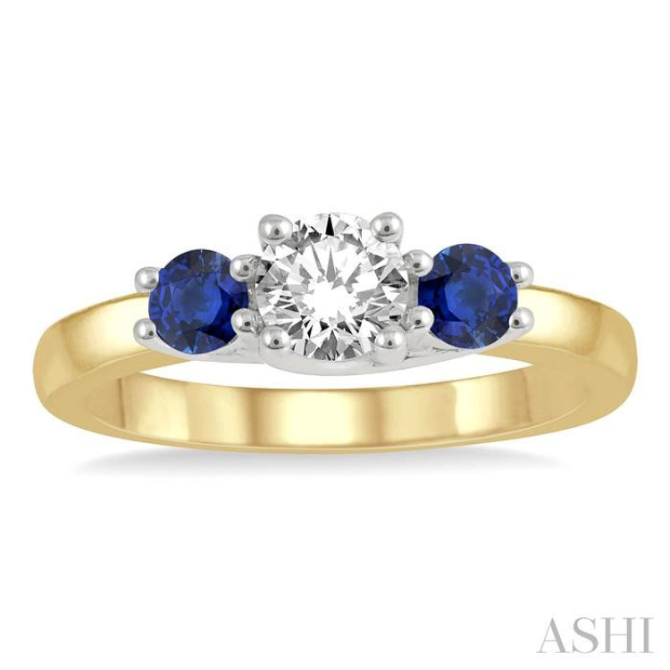 3.50 MM Round Shape Sapphire and 3/8 Ctw Past, Present and Future Round Cut Diamond Precious Ring in 14K Yellow and White Gold 3.50 MM Round Shape Sapphire and 3/8 Ctw Past, Present and Future Round Cut Diamond Precious Ring in 14K Yellow and White Gold