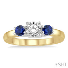 3.50 MM Round Shape Sapphire and 3/8 Ctw Past, Present and Future Round Cut Diamond Precious Ring in 14K Yellow and White Gold 3.50 MM Round Shape Sapphire and 3/8 Ctw Past, Present and Future Round Cut Diamond Precious Ring in 14K Yellow and White Gold