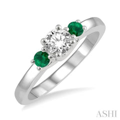 2.70 MM Round Shape Emerald and 1/3 Ctw Past, Present and Future Round Cut Diamond Precious Ring in 14K White Gold 2.70 MM Round Shape Emerald and 1/3 Ctw Past, Present and Future Round Cut Diamond Precious Ring in 14K White Gold