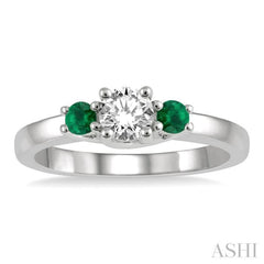 2.70 MM Round Shape Emerald and 1/3 Ctw Past, Present and Future Round Cut Diamond Precious Ring in 14K White Gold 2.70 MM Round Shape Emerald and 1/3 Ctw Past, Present and Future Round Cut Diamond Precious Ring in 14K White Gold