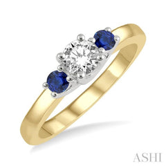 2.70 MM Round Shape Sapphire and 1/3 Ctw Past, Present and Future Round Cut Diamond Precious Ring in 14K Yellow and White Gold 2.70 MM Round Shape Sapphire and 1/3 Ctw Past, Present and Future Round Cut Diamond Precious Ring in 14K Yellow and White Gold