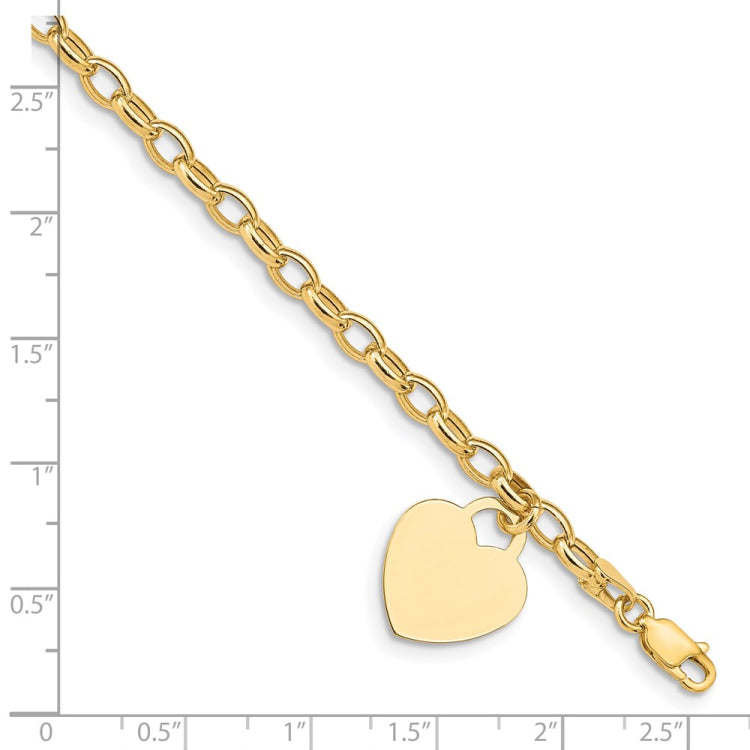 14k Engravable 19x15mm Solid Dangle Heart Charm and Hollow Chain 7.5 inch Bracelet 14k Engravable 19x15mm Solid Dangle Heart Charm and Hollow Chain 7.5 inch Bracelet