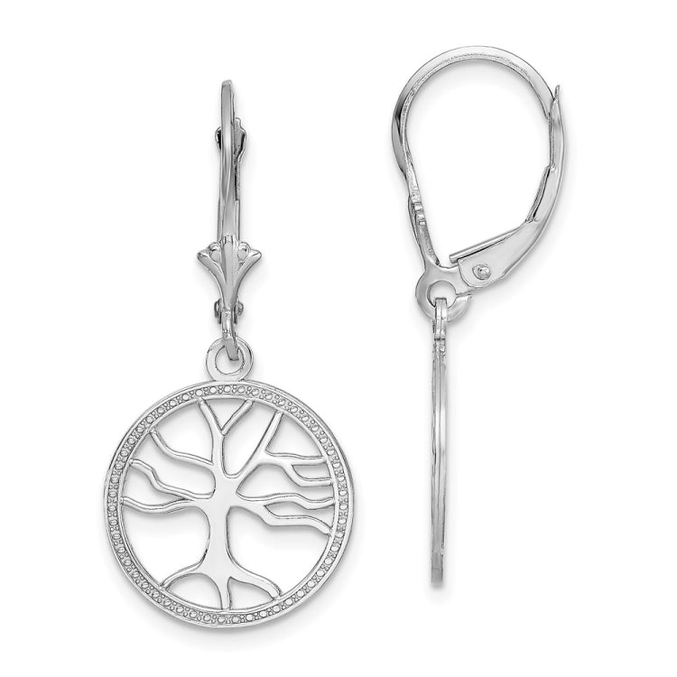 14K White Gold Tree of Life In Round Frame Leverback Earrings 14K White Gold Tree of Life In Round Frame Leverback Earrings