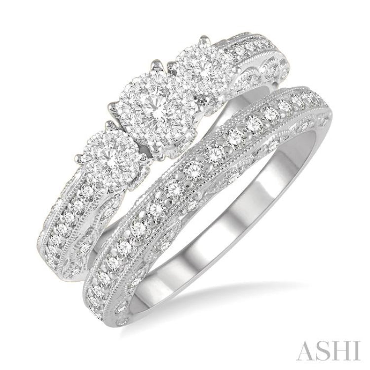 1 Ctw Lovebright Round Cut Diamond Wedding Set With 1/2 Ctw Tri-Mount Engagement Ring and 3/8 Ctw Lattice Wedding Band in 14K White Gold 1 Ctw Lovebright Round Cut Diamond Wedding Set With 1/2 Ctw Tri-Mount Engagement Ring and 3/8 Ctw Lattice Wedding Band in 14K White Gold