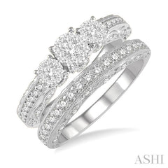 1 Ctw Lovebright Round Cut Diamond Wedding Set With 1/2 Ctw Tri-Mount Engagement Ring and 3/8 Ctw Lattice Wedding Band in 14K White Gold 1 Ctw Lovebright Round Cut Diamond Wedding Set With 1/2 Ctw Tri-Mount Engagement Ring and 3/8 Ctw Lattice Wedding Band in 14K White Gold