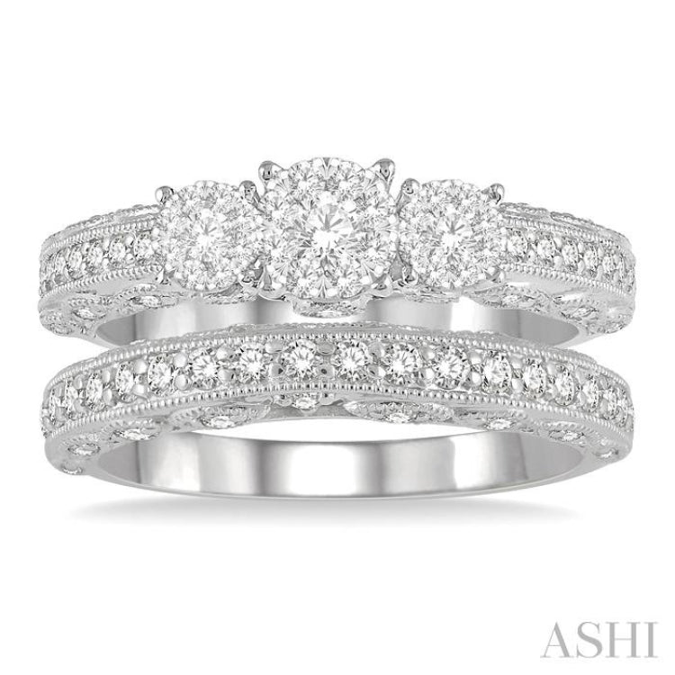 1 Ctw Lovebright Round Cut Diamond Wedding Set With 1/2 Ctw Tri-Mount Engagement Ring and 3/8 Ctw Lattice Wedding Band in 14K White Gold 1 Ctw Lovebright Round Cut Diamond Wedding Set With 1/2 Ctw Tri-Mount Engagement Ring and 3/8 Ctw Lattice Wedding Band in 14K White Gold