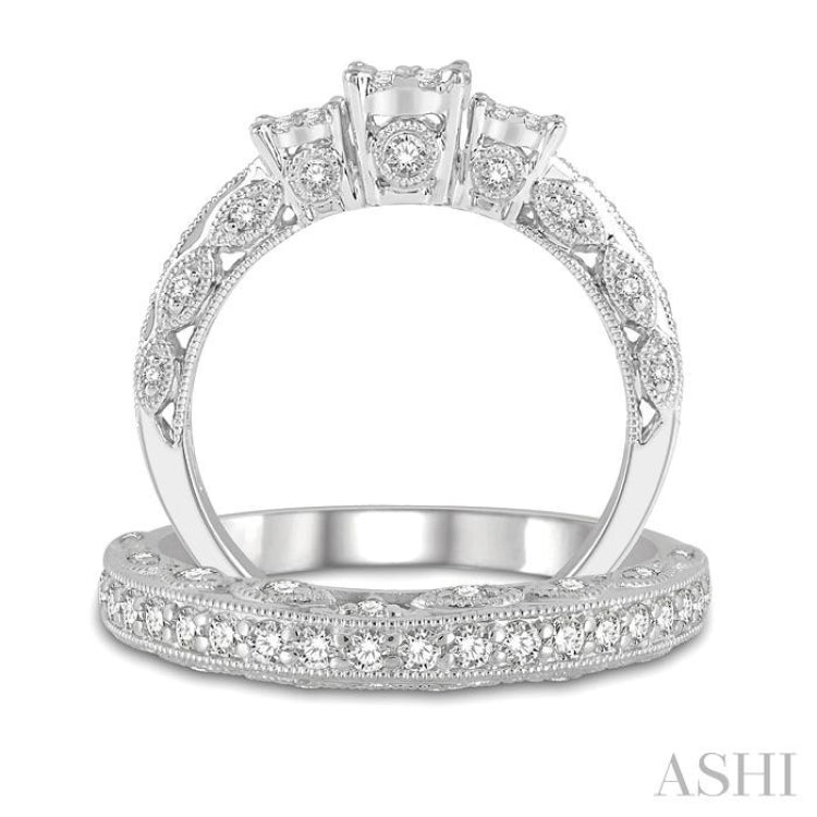 1 Ctw Lovebright Round Cut Diamond Wedding Set With 1/2 Ctw Tri-Mount Engagement Ring and 3/8 Ctw Lattice Wedding Band in 14K White Gold 1 Ctw Lovebright Round Cut Diamond Wedding Set With 1/2 Ctw Tri-Mount Engagement Ring and 3/8 Ctw Lattice Wedding Band in 14K White Gold