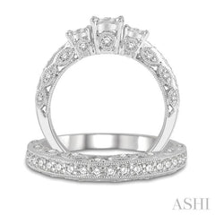 1 Ctw Lovebright Round Cut Diamond Wedding Set With 1/2 Ctw Tri-Mount Engagement Ring and 3/8 Ctw Lattice Wedding Band in 14K White Gold 1 Ctw Lovebright Round Cut Diamond Wedding Set With 1/2 Ctw Tri-Mount Engagement Ring and 3/8 Ctw Lattice Wedding Band in 14K White Gold