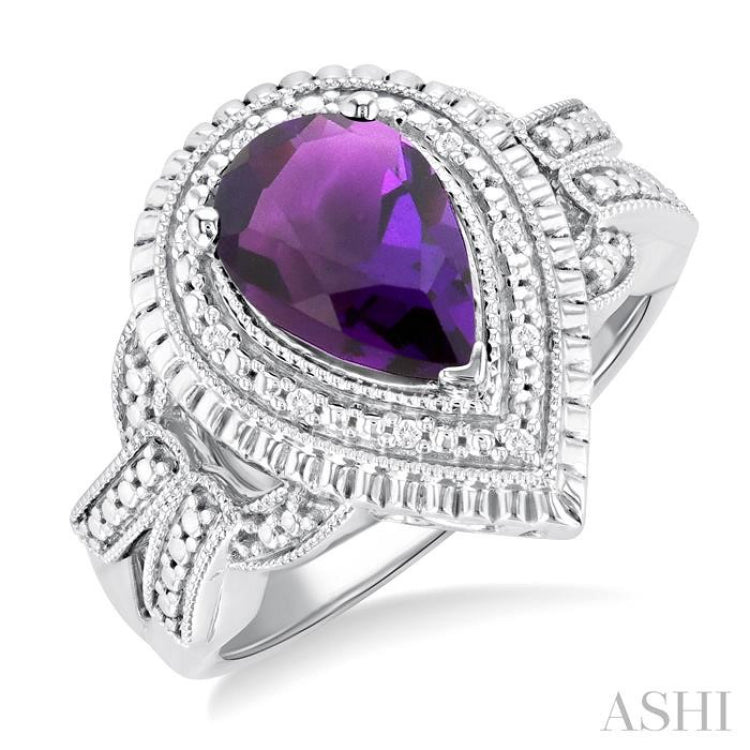 10X7 MM Pear Cut Amethyst and 1/20 Ctw Round Cut Diamond Semi-Precious Ring in Sterling Silver 10X7 MM Pear Cut Amethyst and 1/20 Ctw Round Cut Diamond Semi-Precious Ring in Sterling Silver