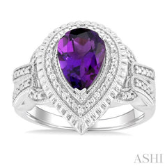 10X7 MM Pear Cut Amethyst and 1/20 Ctw Round Cut Diamond Semi-Precious Ring in Sterling Silver 10X7 MM Pear Cut Amethyst and 1/20 Ctw Round Cut Diamond Semi-Precious Ring in Sterling Silver