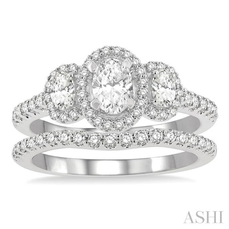 1 1/4 Ctw Diamond Wedding Set With 1 Ct Triple Oval Shape Past, Present & Future Engagement Ring and 1/4 Ct Curved Wedding Band in 14K White Gold 1 1/4 Ctw Diamond Wedding Set With 1 Ct Triple Oval Shape Past, Present & Future Engagement Ring and 1/4 Ct Curved Wedding Band in 14K White Gold