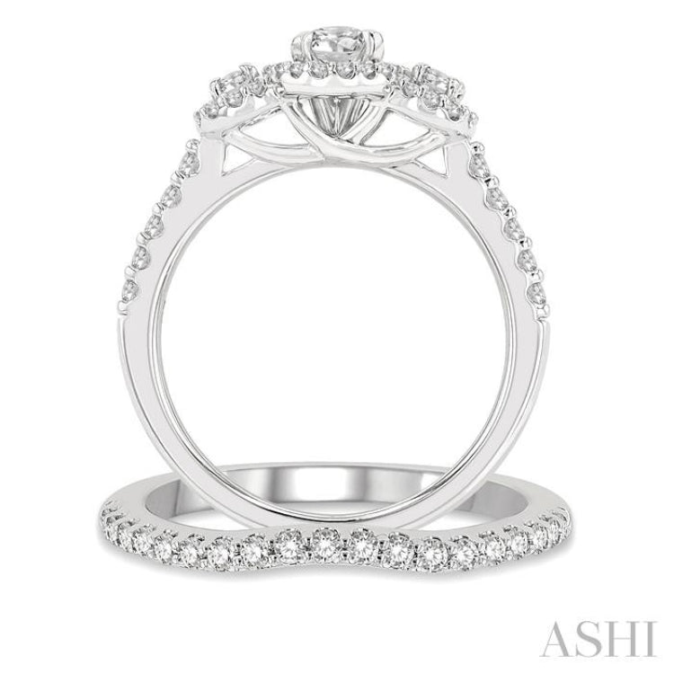 1 1/4 Ctw Diamond Wedding Set With 1 Ct Triple Oval Shape Past, Present & Future Engagement Ring and 1/4 Ct Curved Wedding Band in 14K White Gold 1 1/4 Ctw Diamond Wedding Set With 1 Ct Triple Oval Shape Past, Present & Future Engagement Ring and 1/4 Ct Curved Wedding Band in 14K White Gold