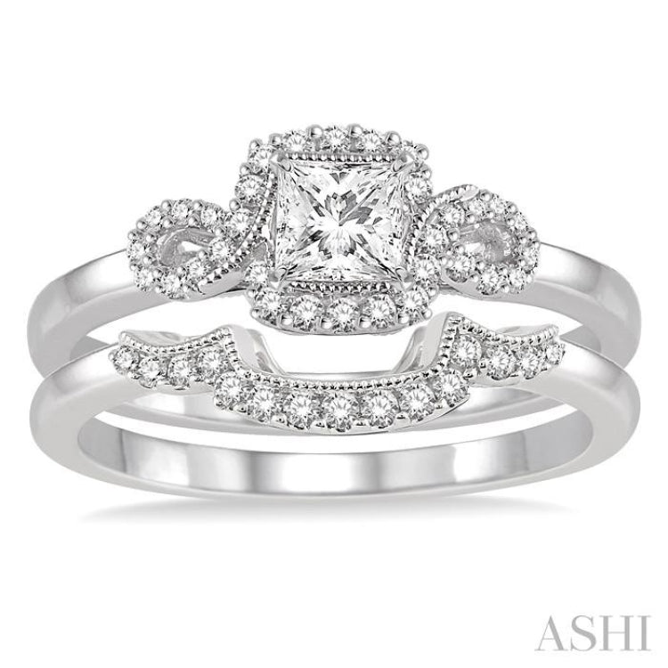 1/2 ctw Diamond Wedding Set with 3/8 ctw Princess Cut Engagement Ring and 1/10 ctw Wedding Band in 14K White Gold 1/2 ctw Diamond Wedding Set with 3/8 ctw Princess Cut Engagement Ring and 1/10 ctw Wedding Band in 14K White Gold