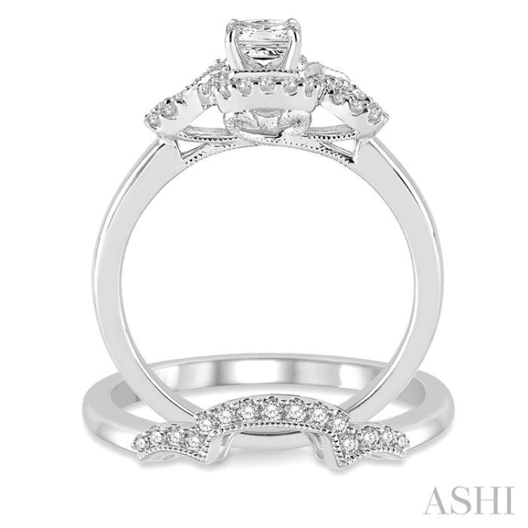 1/2 ctw Diamond Wedding Set with 3/8 ctw Princess Cut Engagement Ring and 1/10 ctw Wedding Band in 14K White Gold 1/2 ctw Diamond Wedding Set with 3/8 ctw Princess Cut Engagement Ring and 1/10 ctw Wedding Band in 14K White Gold