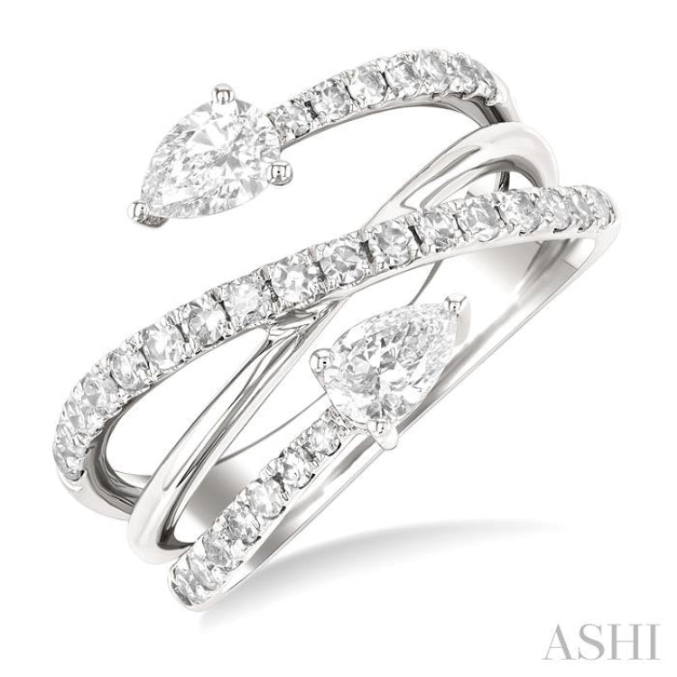 1.00 Ctw East West Pear and Round Cut Diamond Split Open-End Fashion Ring in 14K White Gold 1.00 Ctw East West Pear and Round Cut Diamond Split Open-End Fashion Ring in 14K White Gold