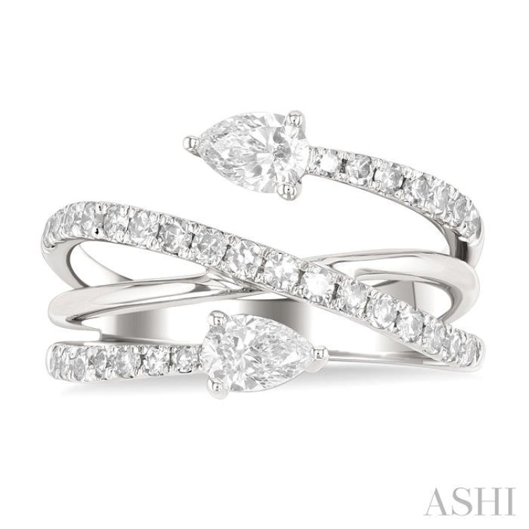 1.00 Ctw East West Pear and Round Cut Diamond Split Open-End Fashion Ring in 14K White Gold 1.00 Ctw East West Pear and Round Cut Diamond Split Open-End Fashion Ring in 14K White Gold