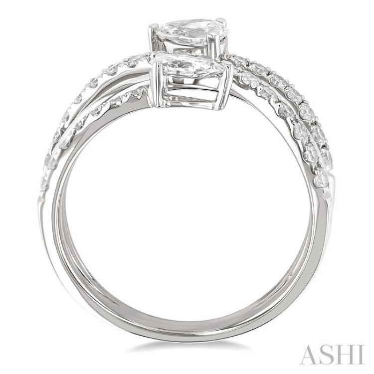 1.00 Ctw East West Pear and Round Cut Diamond Split Open-End Fashion Ring in 14K White Gold 1.00 Ctw East West Pear and Round Cut Diamond Split Open-End Fashion Ring in 14K White Gold