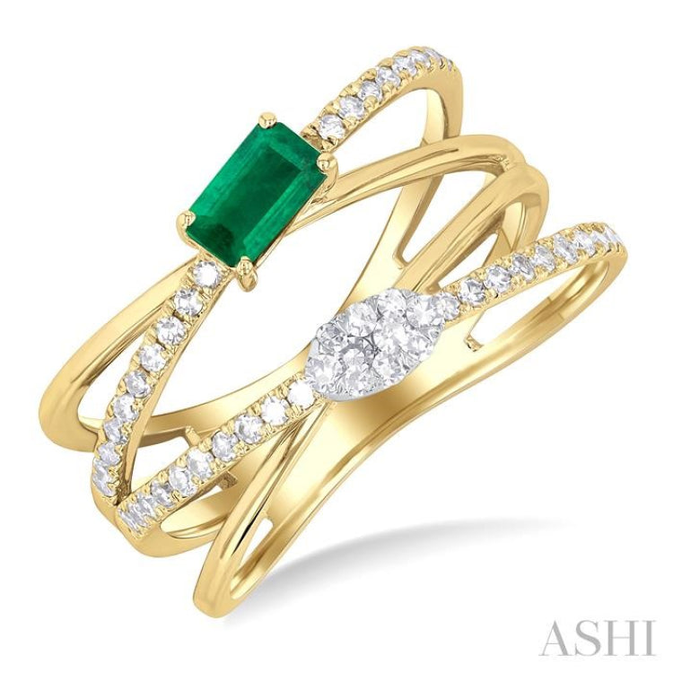 5x3 MM Emerald and 1/4 Ctw Single Cut Diamond Double Criss-Cross Lovebright Precious Ring in 10K Yellow and White Gold 5x3 MM Emerald and 1/4 Ctw Single Cut Diamond Double Criss-Cross Lovebright Precious Ring in 10K Yellow and White Gold