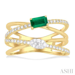 5x3 MM Emerald and 1/4 Ctw Single Cut Diamond Double Criss-Cross Lovebright Precious Ring in 10K Yellow and White Gold 5x3 MM Emerald and 1/4 Ctw Single Cut Diamond Double Criss-Cross Lovebright Precious Ring in 10K Yellow and White Gold