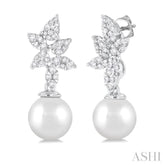 8 MM Cultured Pearl and 3/8 Ctw Round Cut Diamond Lovebright Fashion Earrings in 14K White Gold