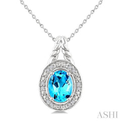 9X7 MM Oval Shape Blue Topaz and 1/20 Ctw Single Cut Diamond Semi-precious Pendant With Chain in Sterling Silver 9X7 MM Oval Shape Blue Topaz and 1/20 Ctw Single Cut Diamond Semi-precious Pendant With Chain in Sterling Silver