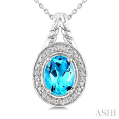9X7 MM Oval Shape Blue Topaz and 1/20 Ctw Single Cut Diamond Semi-precious Pendant With Chain in Sterling Silver 9X7 MM Oval Shape Blue Topaz and 1/20 Ctw Single Cut Diamond Semi-precious Pendant With Chain in Sterling Silver