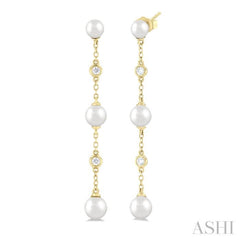 4 MM, 5 MM & 6 MM Round Shape Cultured Pearls and 1/10 Ctw Round Cut Diamond Station Long Earring in 14K Yellow Gold 4 MM, 5 MM & 6 MM Round Shape Cultured Pearls and 1/10 Ctw Round Cut Diamond Station Long Earring in 14K Yellow Gold